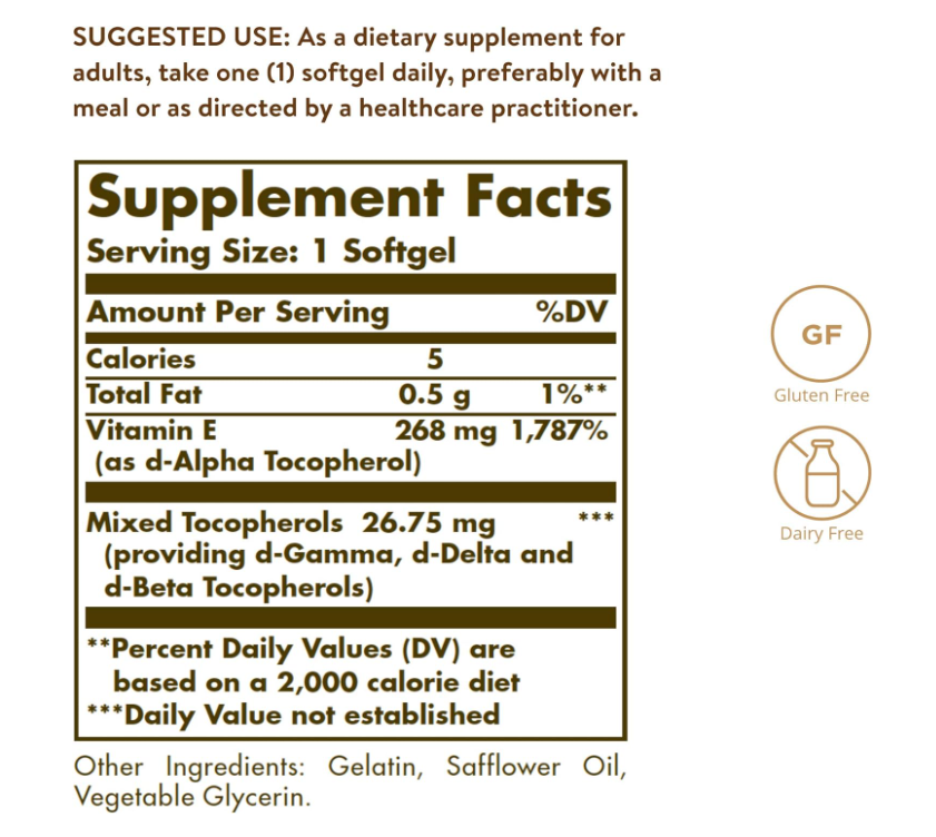 Solgar Vitamin E 268 MG (400 IU) 维他命E 100 Softgels